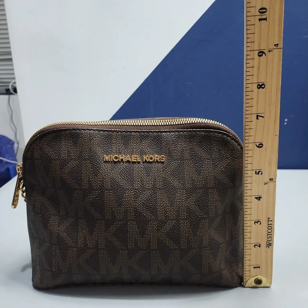 Michael Kors Jet Set Crossbody Bag Womens Brown Allover Logo Print Chain Strap
